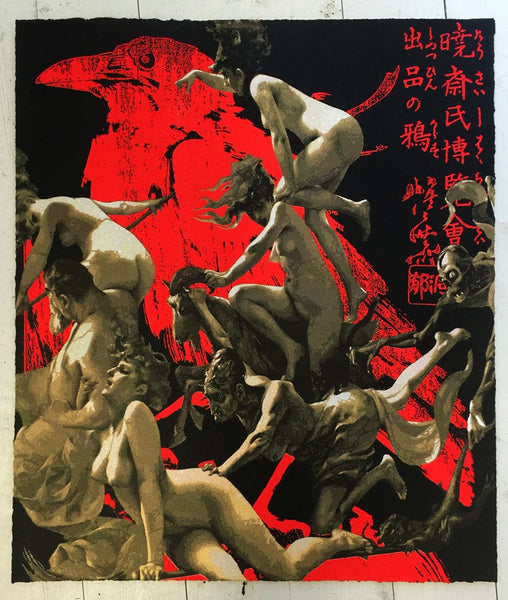 Departure of the Witches Kyosai Red Crow Screen Print